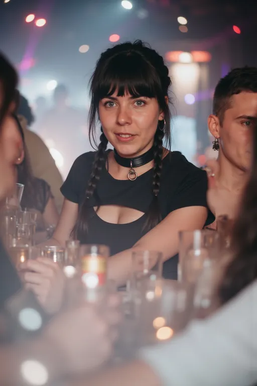 Prompt: @yJKNuVcOcw038NfzOKgM has bangs and braids. She wears a black leather choker with a metal ring.  She wears a black cropped t-shirt showing her belly button. She is flirting in a crowded bar