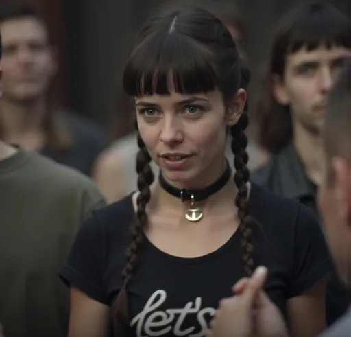 Prompt: A young woman has bangs and braids. She wears a black leather choker with a metal ring.  She wears a black cropped t-shirt showing her belly button. On the t-shirt is the slogan "let's go!" She is flirting with men in a crowded bar in Spain. 