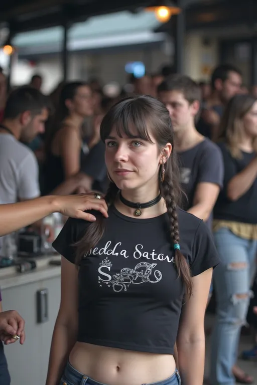 Prompt: @yJKNuVcOcw038NfzOKgM  has bangs and braids. She wears a black leather choker with a metal ring.  She wears a black cropped t-shirt showing her belly button. She is flirting with men in a crowded bar in Spain. The men hold her hand and lean in to kiss her.