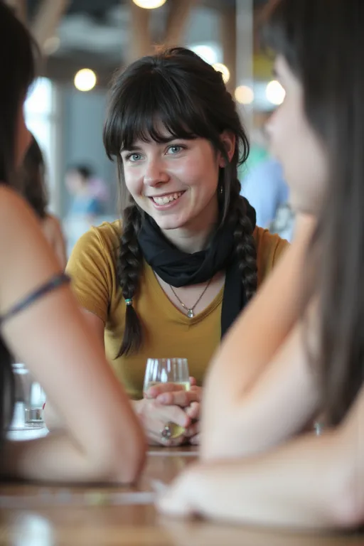 Prompt: @yJKNuVcOcw038NfzOKgM has bangs and braids. She wears a black leather choker with a metal ring.  She wears a black cropped t-shirt showing her belly button. She is flirting in a crowded bar