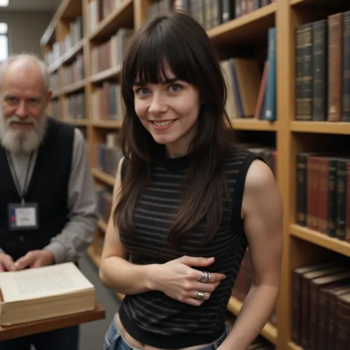 Prompt: @W63jcIyTyoldibFqXBYu is standing next to desk in the British Library. She is wearing tight jeans and a black sleeveless t-shirt which is cropped above her belly. She wears wide silver rings on her thumb. A group of old academics are asking her questions 