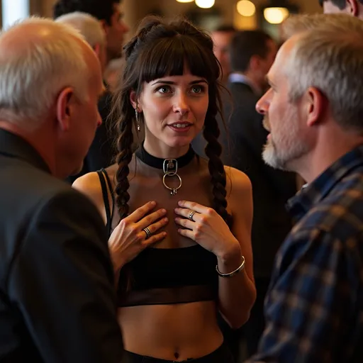 Prompt: a young woman is flirting with two old men in a crowded Spanish bar. she has bangs and braided hair. she is wearing a transparent black top cropped above her belly button, and a small black mini-skirt. she wears silver thumb rings and her nose is pierced with a ring. she wears a black choker with a metal ring