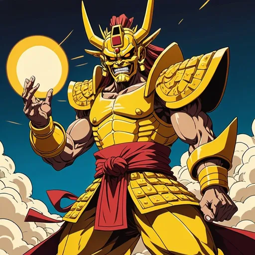 Prompt: bottom view, dynamic pose, old 2d anime style, chained hands, full body of exodia the forbidden one as giant samurai wearing shogun armor and long chin-oni mask, shooting yellow kamehameha