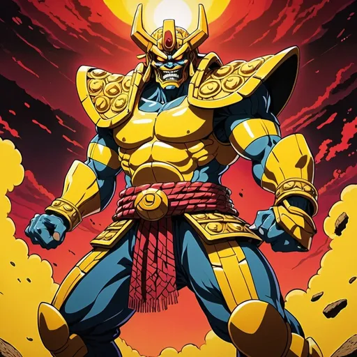 Prompt: bottom view, dynamic pose, old 2d anime style, chained hands, full body of exodia the forbidden one as giant samurai wearing shogun armor and long chin-oni mask, shooting yellow kamehameha