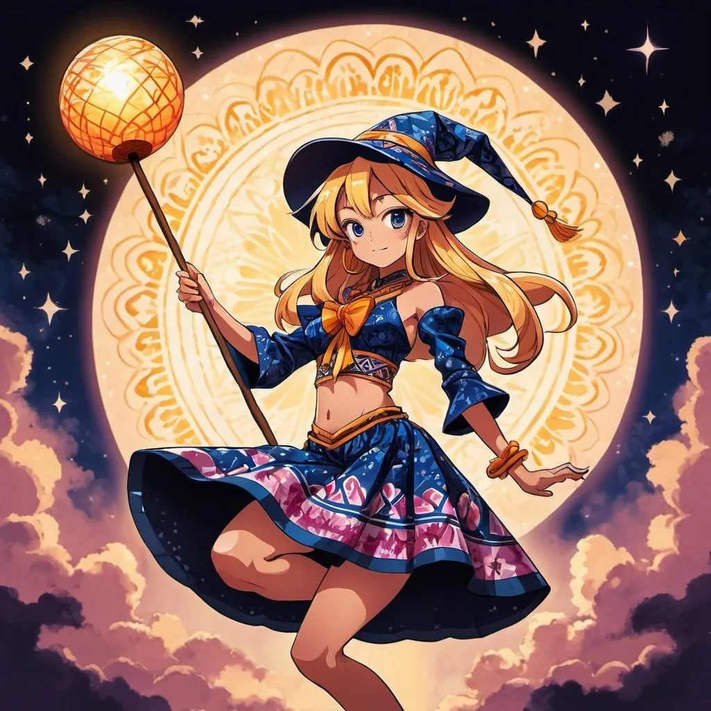 Prompt: bottom view, dynamic pose, old 2d anime style, dark magician girl in batik javanese outfit floating and holding magic staff,