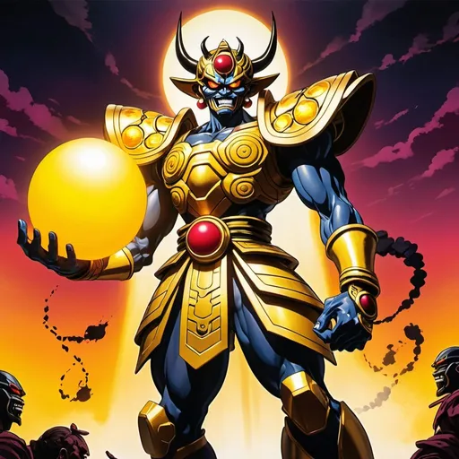 Prompt: bottom view, dynamic pose, old anime style, chained hands, full body of exodia the forbidden one holding big yellow energy orb in front of him as giant samurai wearing shogun armor and oni mask