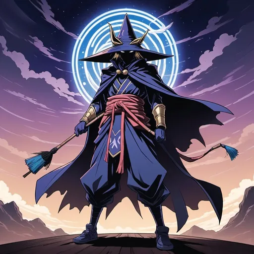 Prompt: bottom view, dynamic pose, old 2d anime style, full body of dark magician wearing samurai armor and raggid cloak around his neck, holding naginata and magic staff