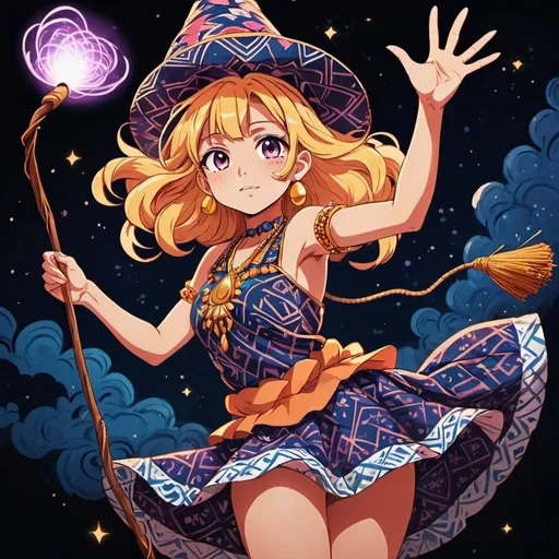 Prompt: bottom view, dynamic pose, old 2d anime style, dark magician girl in batik javanese outfit floating and holding magic staff,