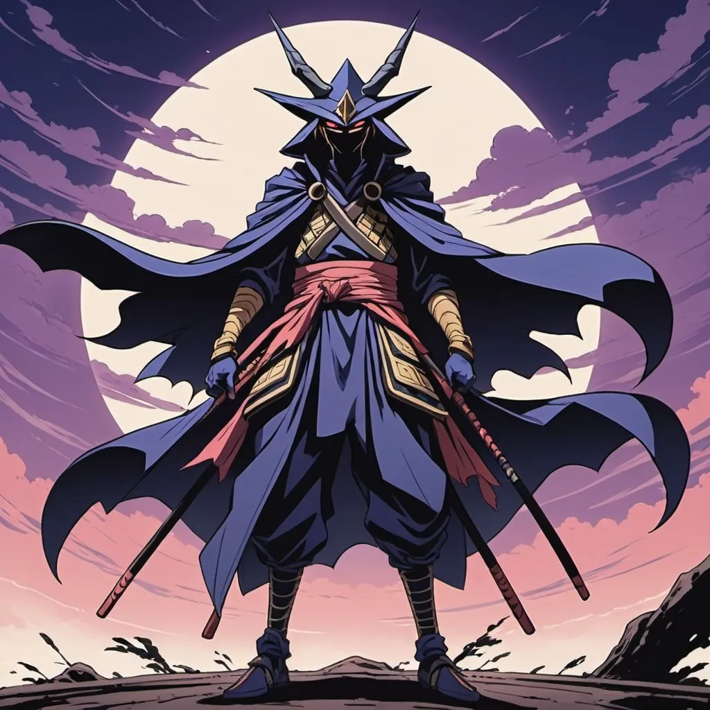 Prompt: bottom view, dynamic pose, old 2d anime style, full body of dark magician wearing samurai armor and raggid cloak around his neck, holding naginata