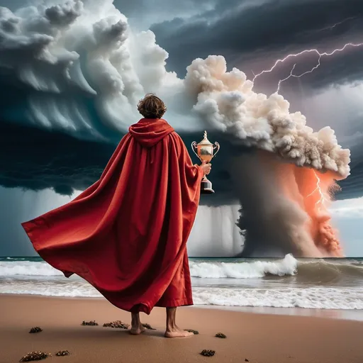 Prompt: realistic photo of man wearing raggid cloak around his neck standing upon the coral in the left side holding trophy while raging storm in the background, strong wind and thunder clash, dust,