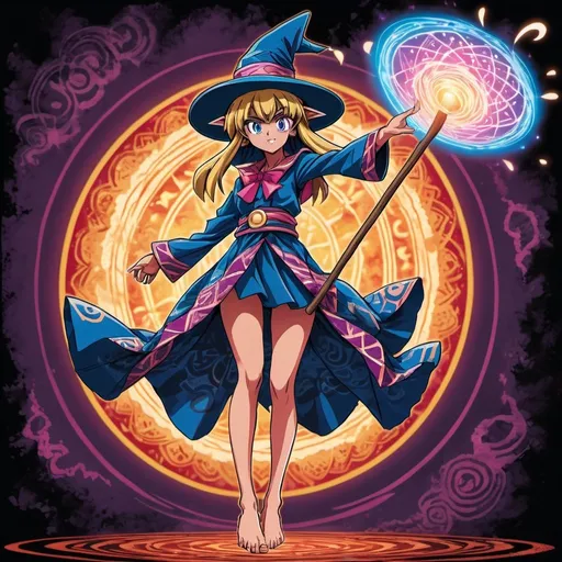 Prompt: bottom view, dynamic pose, old 2d yugioh anime style, full body of dark magician girl in batik traditional outfit straight stand floating and holding magic staff,