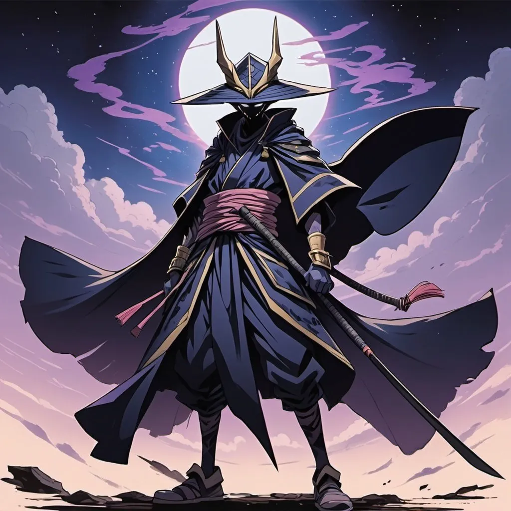 Prompt: bottom view, dynamic pose, old 2d anime style, full body of dark magician wearing samurai armor and raggid cloak around his neck, holding naginata