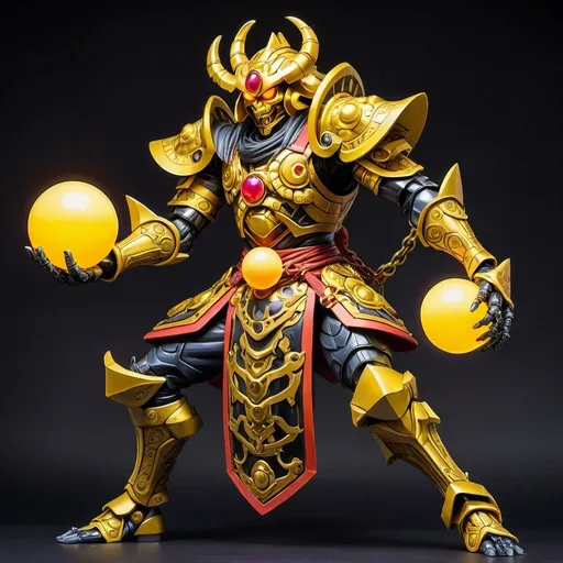 Prompt: side view, dynamic pose, chained armor, full body of exodia the forbidden one holding yellow glowing orb as giant samurai fully armored and oni mask, kazuki takahashi 2d anime style