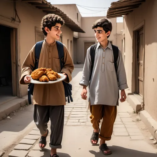 Prompt: A 17-year-old boy with fried chicken in his hand, wearing old clothes and hungry, and his friend wearing old clothes is talking to him and walking in old times likes in iranian story book