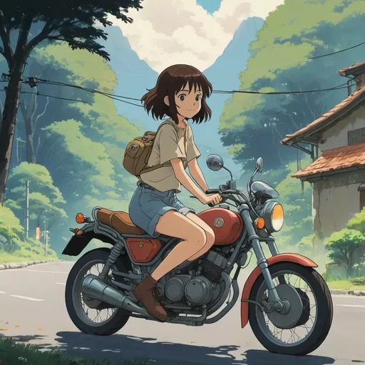 Prompt: 2d studio ghibli anime style, girl on motorcycle, anime scene