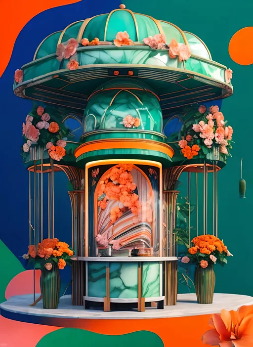 Prompt: a marble art deco music kiosk, covered with flowers and plants, colors green and orange, sharp and shiny image, extra curvy lines, mysterious, digital realistic painting, bright colorful wooden background.