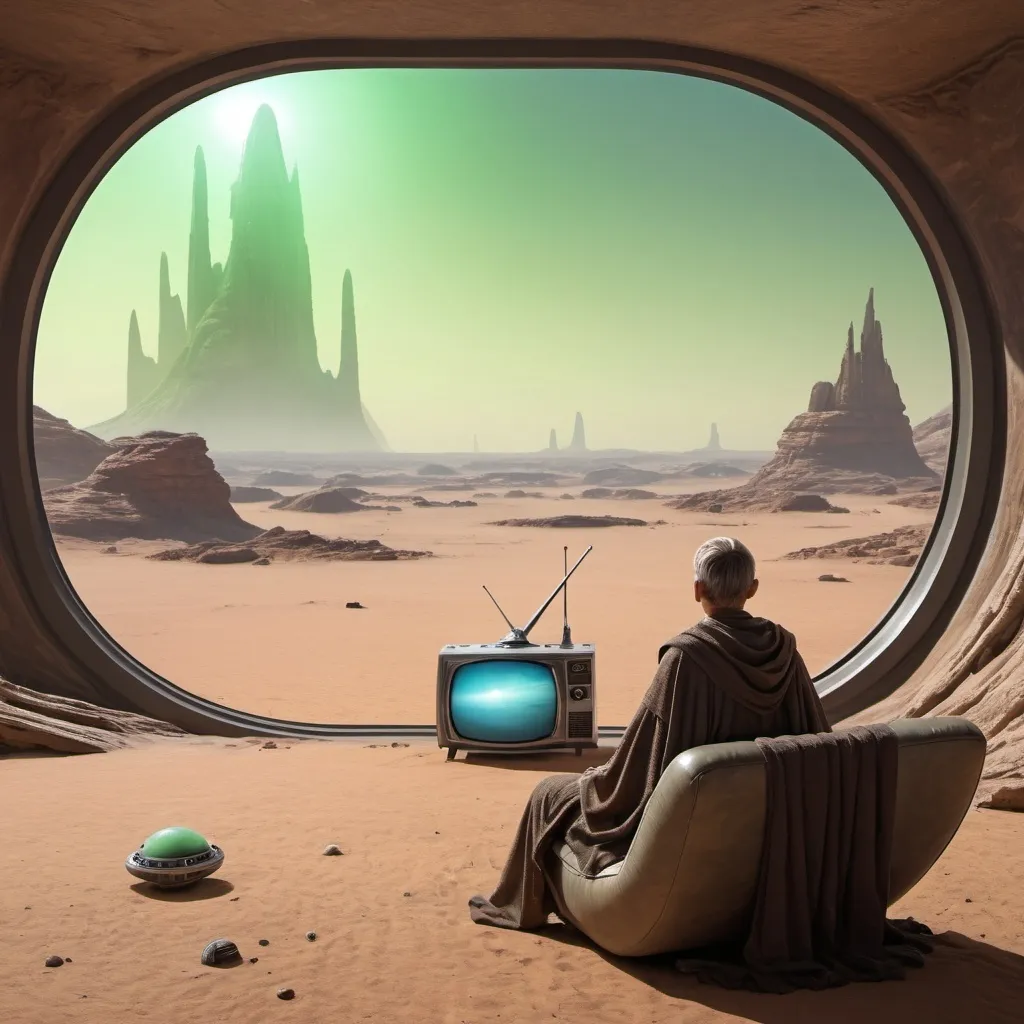 Prompt: A jedi watches tv on an alien planet