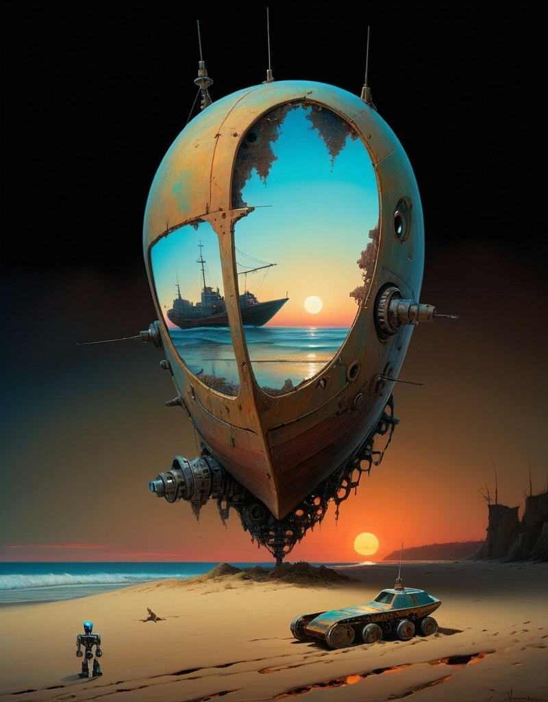 Prompt: a painting of a beach with a boat and a robot by a beach at sunset in the background, Beksinski, precisionism, surrealistic, a surrealist, fractal geometry painting 