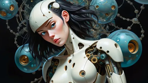 Prompt: a painting of a female robot, ghost in the shell, surrounded by fractal spheres, Dalí, generative art, surrealist, a surrealist painting 