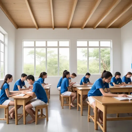 Prompt: 20 students (wearing blue shirts and white shorts), gathered in a wooden or bamboo, minimalist classroom, bright natural light flooding through large windows, high-quality details capturing diverse interactions, cheerful and focused expressions, sleek white walls, a calm atmosphere, comfortable seating, semi-casual ambiance, ultra-detailed, HD.