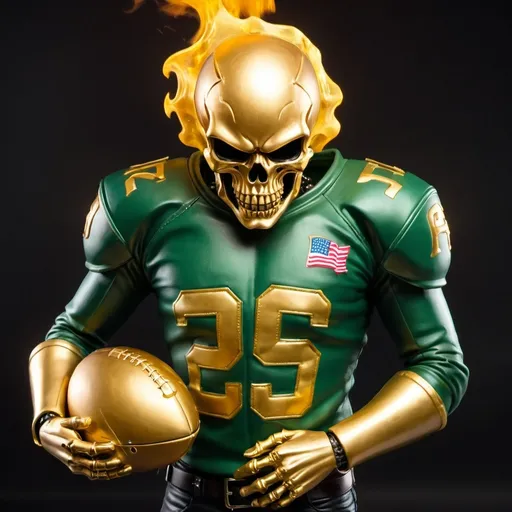 Prompt: Ghost rider in green and gold with a gold football helmet on and holding an American football words relentless on chest