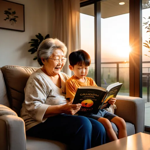 Prompt: Korean grandma reading a book to her grandboy on the couch with the sunset hitting through the sliding glass door
