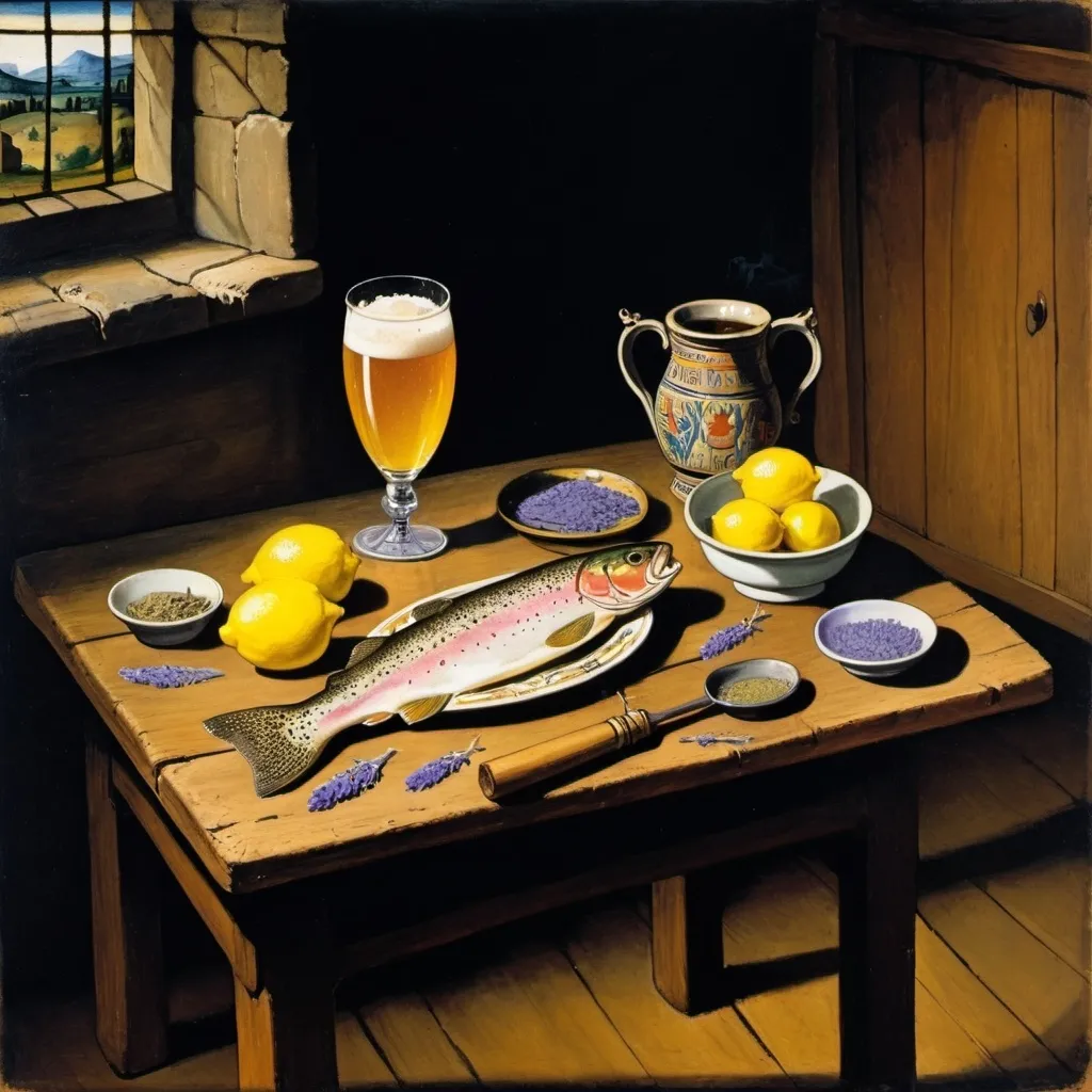 Prompt: Early medieval painting of a wooden table in a dark room. vase of lavender next ro a mug with beer inside. small gold ash tray with smoking joint in it. rainbow trout with a lemon on a plate