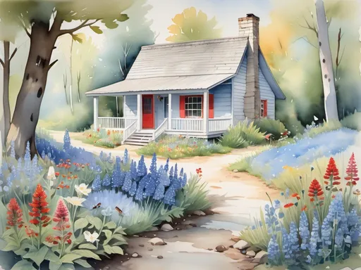 Prompt: sleepy cabin tucked away in woods surrounded by wildlfowers, white shutters, light blue paint, beautiful wraparound porch, rocking chair, dirt path leading to front door, red, white, grey mushrooms, small rabbit under blueberry shrubs, small pond with trout jumping for bugs, chickens free roam, gouache watercolor, vibrant wildflowers, bluebells, indian paintbrush, native wildflowers, vibrant purple, vibrant red flowers, purple irises,