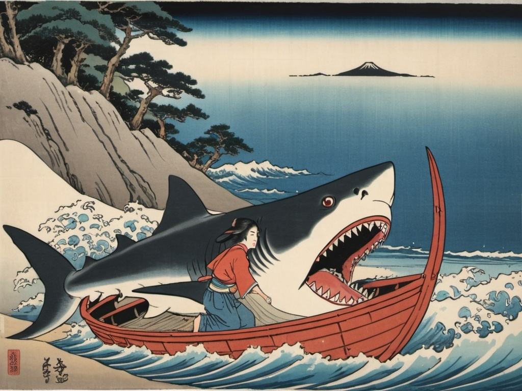 Prompt: Ukiyo-e japanese art of shark on the beach biting into a small boat