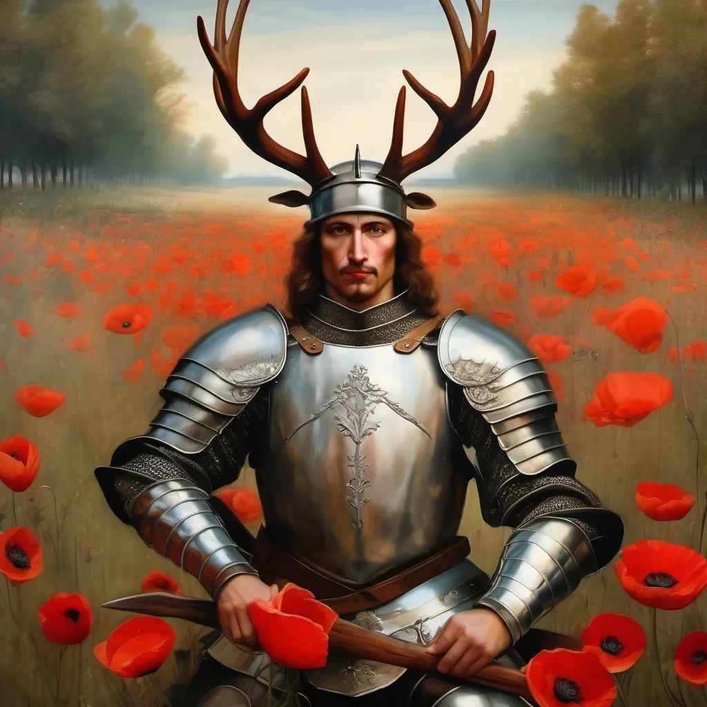 Prompt: A painted portrait of a warrior with armor and deer antlers in style of Renaissance painter Raphael, field of poppies, tree