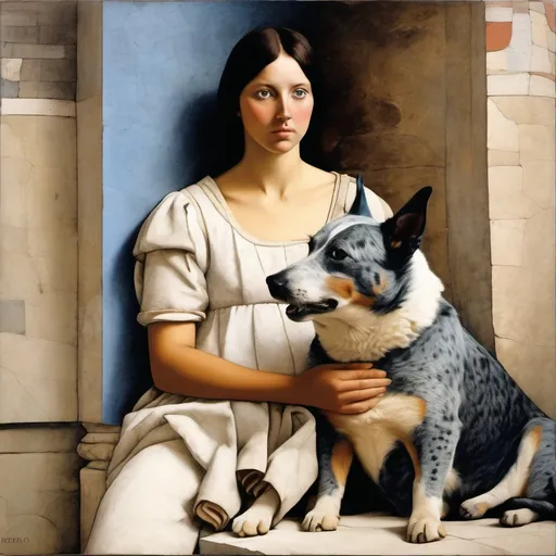 Prompt: (fresco of a woman with vibrant blue eyes, dark long hair that is wavy, and chaco tanned feet. in Piero della Francesca style), (Renaissance-inspired), serene expression, mathematical motifs in the background, soft pastel colors, radiant lighting, (blue heeler australian cattle dog) sitting attentively beside her, (grey tabby cat) nestled comfortably next to the dog, experiencing a peaceful ambiance, (ultra-detailed) and (vibrant) elements harmonizing the scene.