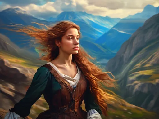 Prompt: (painted portrait), young brave woman, (Renaissance style) reminiscent of Raphael, (highly detailed), (vibrant colors), dramatic light and shadow, immersed in a rugged wilderness, majestic mountains looming in the background, strong expression reflecting determination and courage, flowing hair billowing in the wind, wearing classic attire that symbolizes her journey, (4K resolution), stunning visual storytelling.