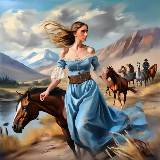 Prompt: (a painted portrait), (beautiful light blue dress with lace), (in the style of Renaissance painter Raphael), serene woman robbing a train, old western style,  soft lighting, (mountains in background), (camp style setup), 1800s atmosphere, (herd of wild horses running), dynamic scenery, (sword in woman's belt), warm and inviting colors, (ultra-detailed)