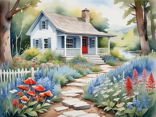 Prompt: sleepy cabin tucked away in woods surrounded by wildlfowers, white shutters, light blue paint, beautiful wraparound porch, rocking chair, dirt path leading to front door, red, white, grey mushrooms, small rabbit under blueberry shrubs, small pond with trout jumping for bugs, chickens free roam, gouache watercolor, vibrant wildflowers, bluebells, indian paintbrush, native wildflowers, vibrant purple, vibrant red flowers, purple irises,