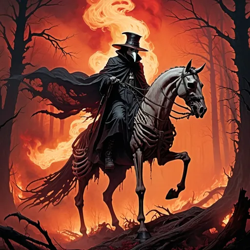 Prompt: (grim reaper wearing a plague doctor mask), towering atop a (tall partial skeleton horse), set in a foreboding forest scene, background ablaze with (intense flames), eerie smoke swirling through the air, dark and ominous atmosphere, muted color palette infused with deep reds and blacks, high contrast lighting to highlight the skeletal features, (ultra-detailed), visually striking and haunting composition.