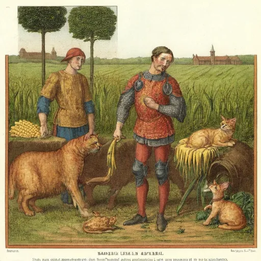 Prompt: (painted portrait of a man in midevil farmer apparel standing next to a field of growing corn, (Renaissance style reminiscent of Raphael), intricate details, vibrant colors, elegant composition, a playful tabby cat frolicking on the ground, a curious mouse nestled among some wheat growing, warm and inviting atmosphere, beautifully rendered background with soft shading, ultra-detailed, high-quality artwork.