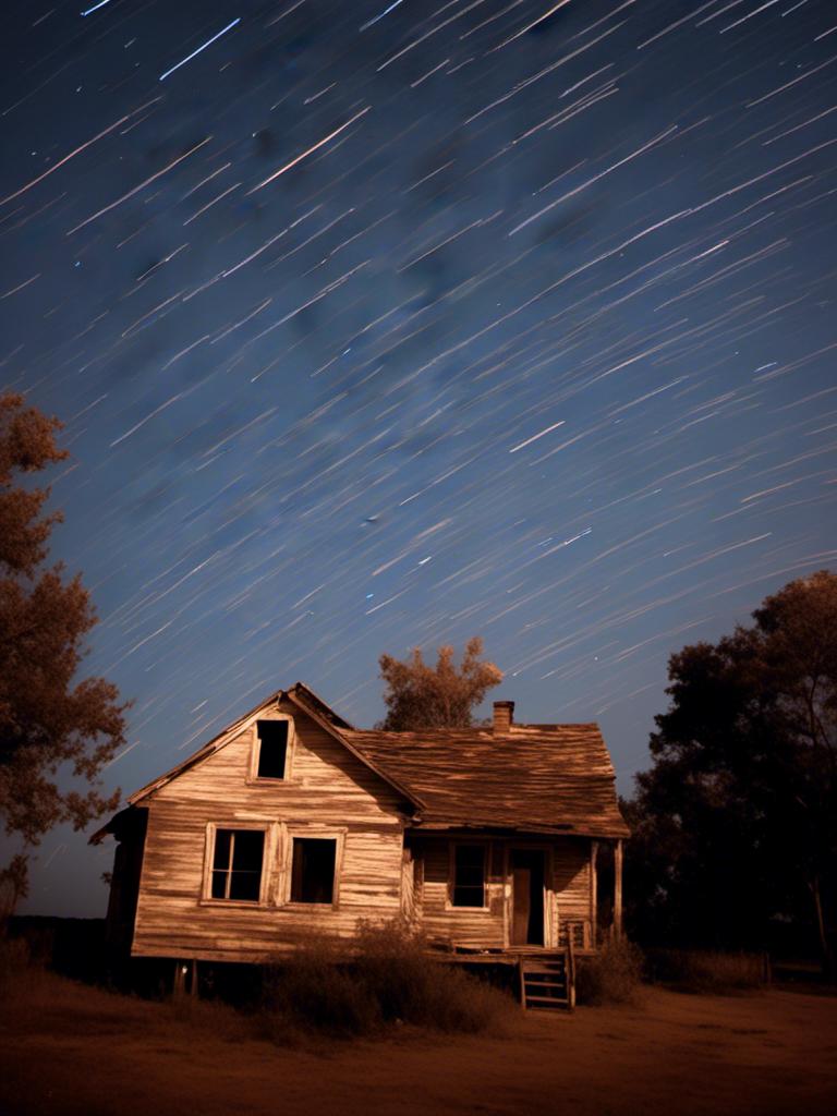 Prompt:  <mymodel> a house with a tree in front of it at night time with a star trail in the sky above, Dennis Ashbaugh, precisionism, astrophotography, a photo