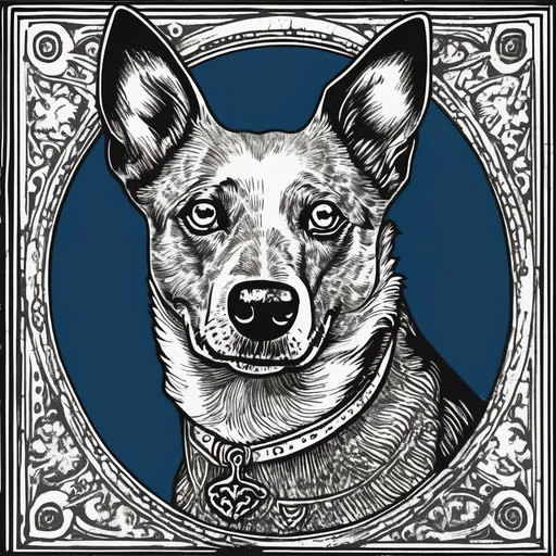 Prompt: A medieval woodcut of an australian cattle dog blue heeler looking sultry 