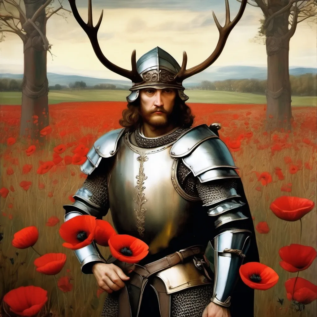 Prompt: A painted portrait of a warrior with armor and deer antlers in style of Renaissance painter Raphael, field of poppies, tree