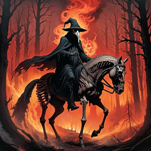 Prompt: (grim reaper wearing a plague doctor mask), towering atop a (tall partial skeleton horse), set in a foreboding forest scene, background ablaze with (intense flames), eerie smoke swirling through the air, dark and ominous atmosphere, muted color palette infused with deep reds and blacks, high contrast lighting to highlight the skeletal features, (ultra-detailed), visually striking and haunting composition.