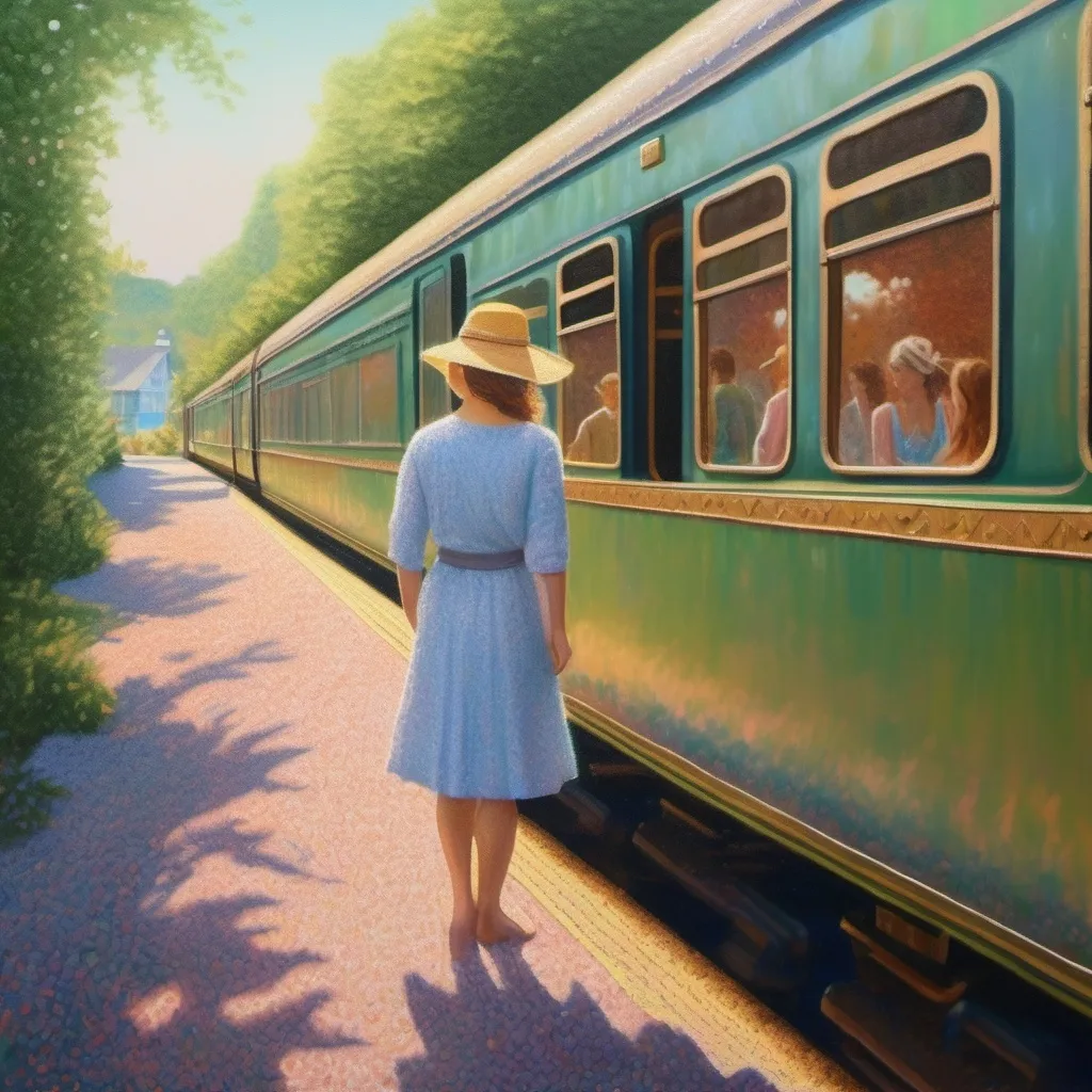 Prompt: (pointillism style), portrait painting of a woman boarding a train, coastal wooded town, New England scenery, soft pastel colors, ethereal light, tranquil atmosphere, lush greenery background, vintage train station, delicate brush strokes, serene expression, impressionistic details, tranquil vibe, inviting warmth, 4K ultra-detailed masterpiece.