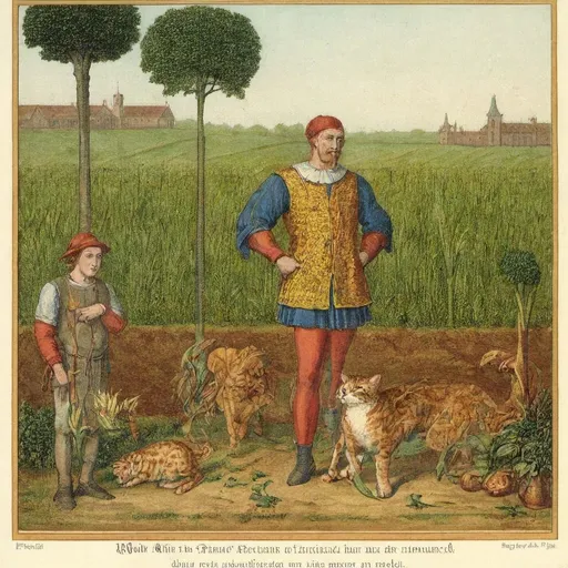 Prompt: (painted portrait of a man in midevil farmer apparel standing next to a field of growing corn, (Renaissance style reminiscent of Raphael), intricate details, vibrant colors, elegant composition, a playful tabby cat frolicking on the ground, a curious mouse nestled among some wheat growing, warm and inviting atmosphere, beautifully rendered background with soft shading, ultra-detailed, high-quality artwork.