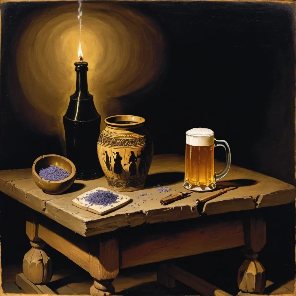 Prompt: Early medieval painting of a wooden table in a dark room. midevil jar of lavender next to mid evil mug with beer inside. small gold ash tray with smoking joint in it. 