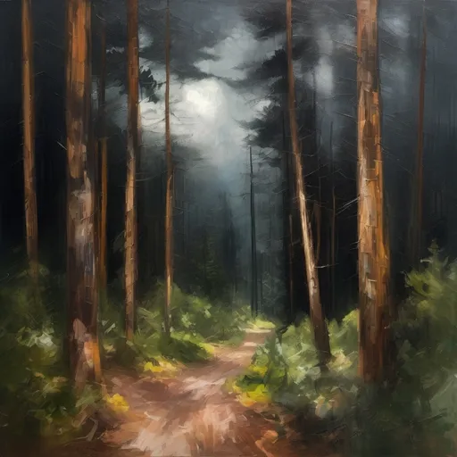 Prompt: Portrait of a heavily wooded forest with a light walking trail going through the large pine trees, impressionism, dark skies