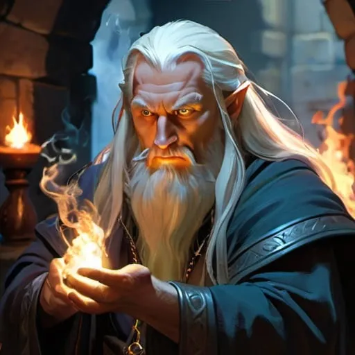 Prompt: A wizard, in a dungeon, wise-look, stern, DnD third edition style, diffuse lighting, casting a spell, glowing white eyes, long-haired, deep perspective, dragon hoaring in the back, fire in the background, ethereal lighting in the flames
