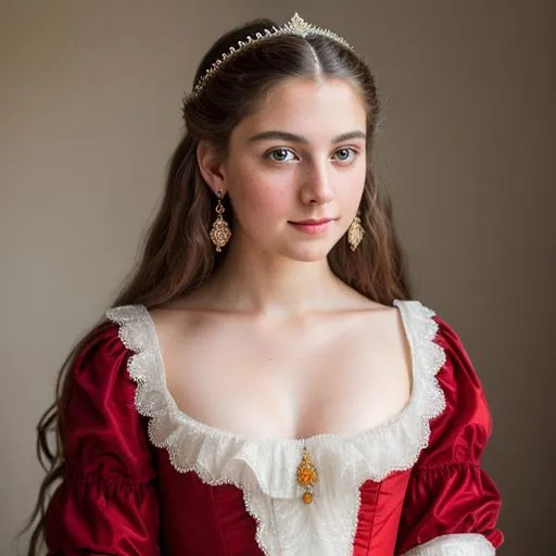 Prompt: photo realistic portrait of a beautiful European princess, 1700s era, centered in frame, facing camera, symmetrical face, ruby red eyes, ideal human, 85mm lens,f8, photography, ultra details, natural light, light background, photo, Studio lighting