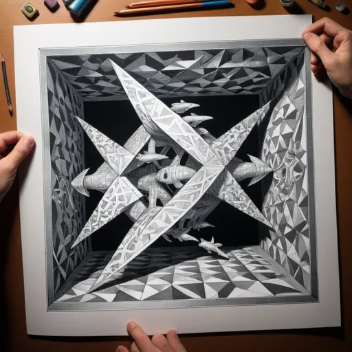 Prompt: Make a holographic version of a m.c. Escher drawing