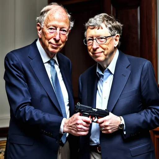 Prompt: Jacob rothschild holding an gun in front of Bill Gates who murdered millions of people with his vaccines