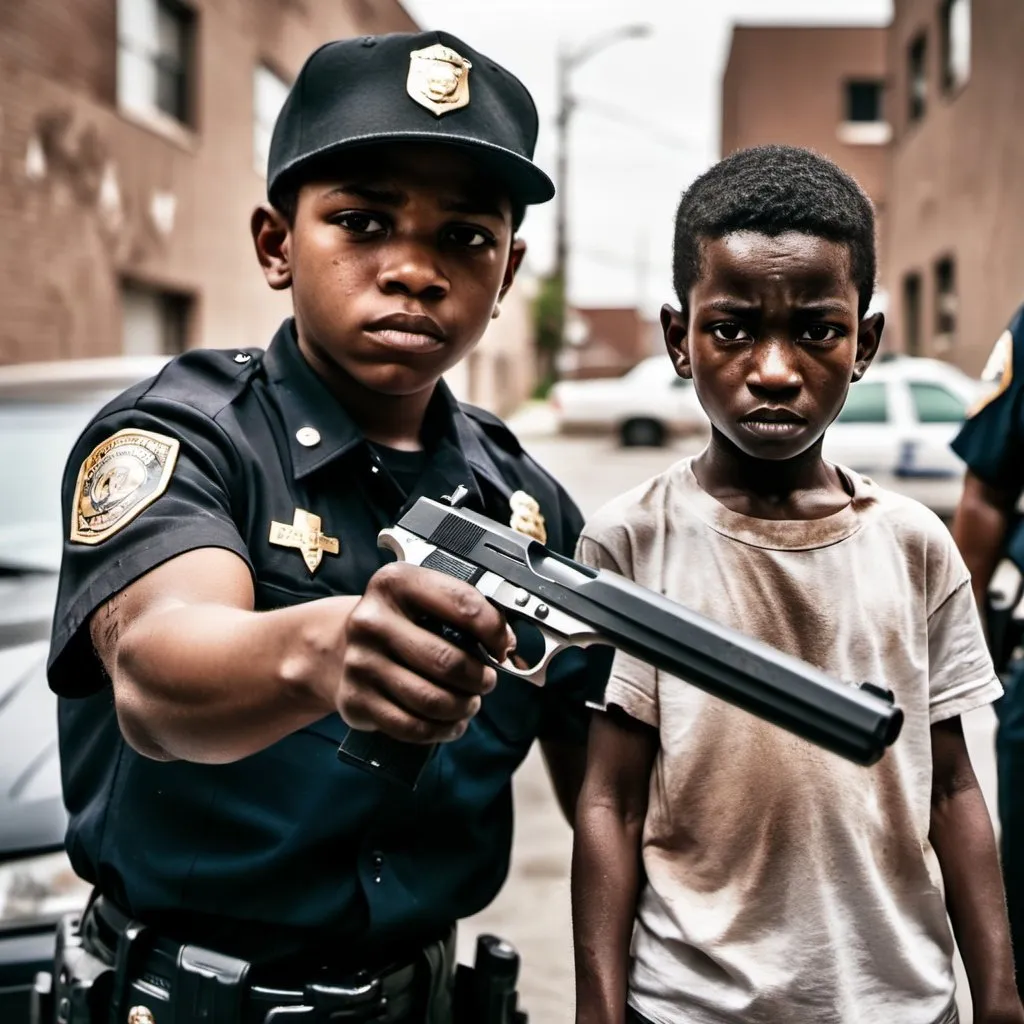 Prompt: A ghetto gangster kid holding a gun against a cop who is filthy and ugly