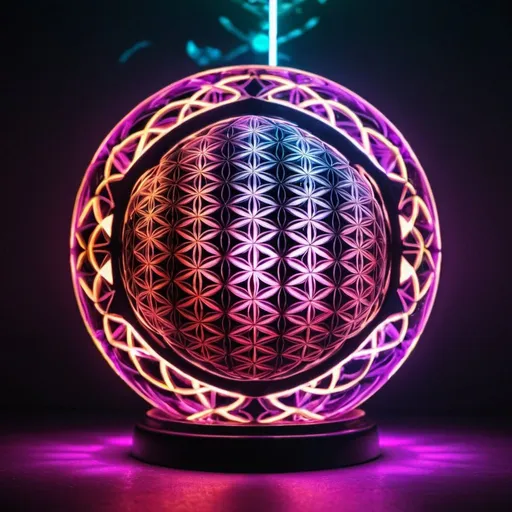 Prompt: A flower of life sphere with neon lights shining through it